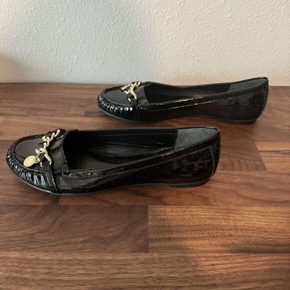 Coach Black Glitter Flats Loafers Drivers Charm Designer Patent Leather Size 6.5 - Picture 5 of 12